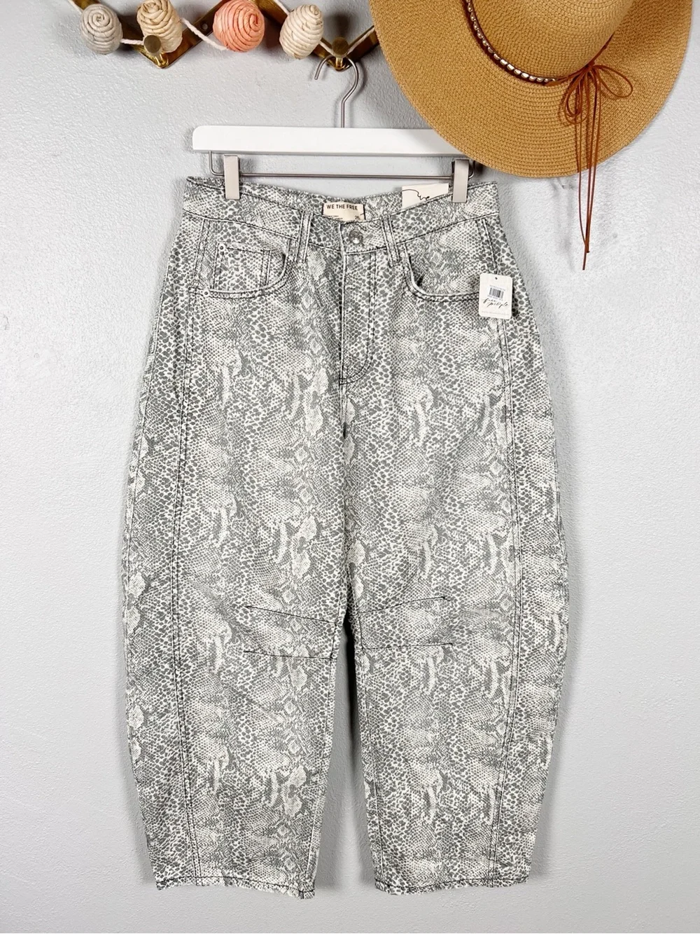 Free People Good Luck Mid-Rise Barrel Jeans in Snake Combo Size 26